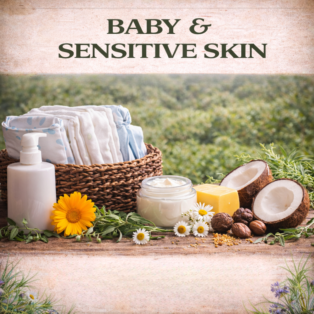 Rustic baby and sensitive skin collection image featuring cloth diapers, calendula, chamomile, coconut, beeswax, and natural ingredients on wood background.