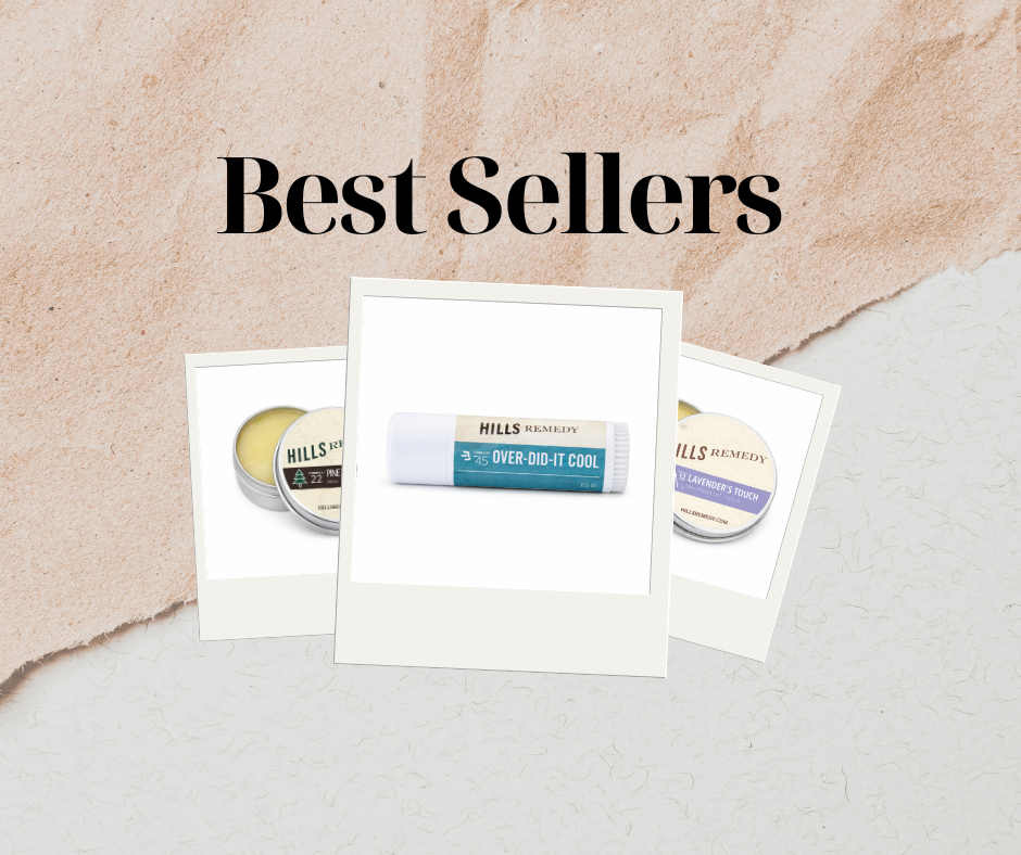 Best selling Hills Remedy herbal salves including Over-Did-It Cool, Lavender’s Touch, and Pine Tar Salve displayed on a rustic background.