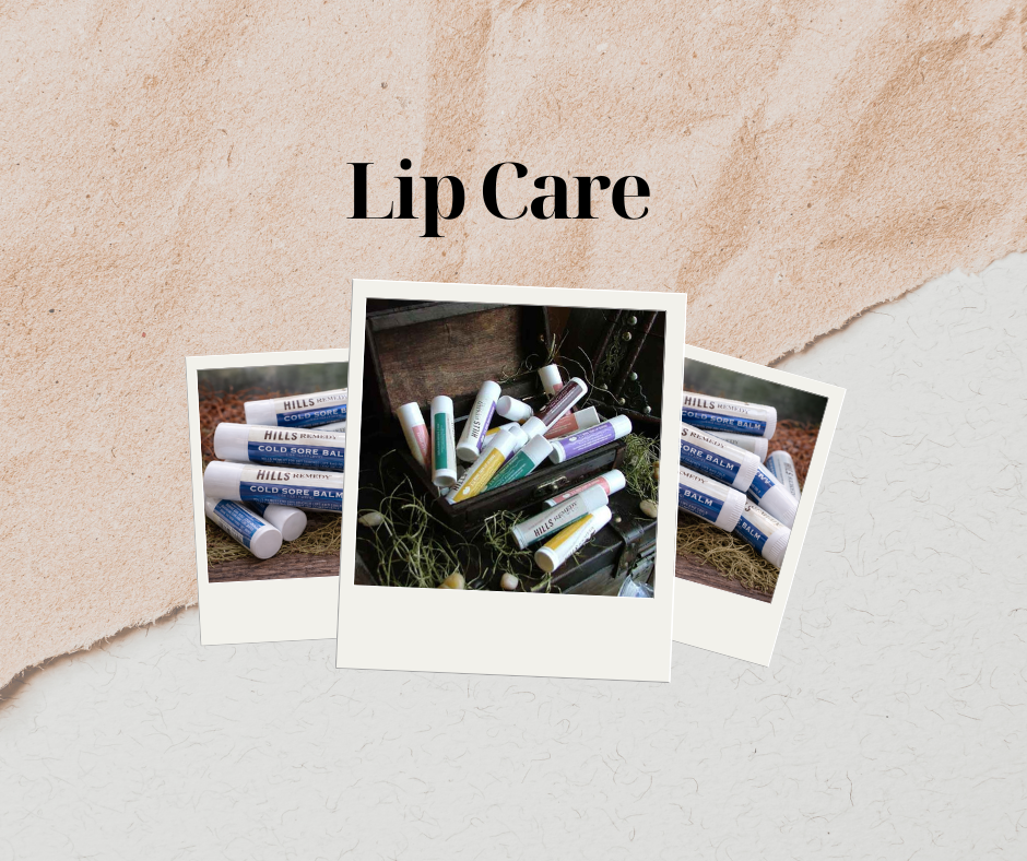 Lip Care Hills Remedy herbal salves including More Than Lip Service, Cold Sore Balm displayed on a rustic background.