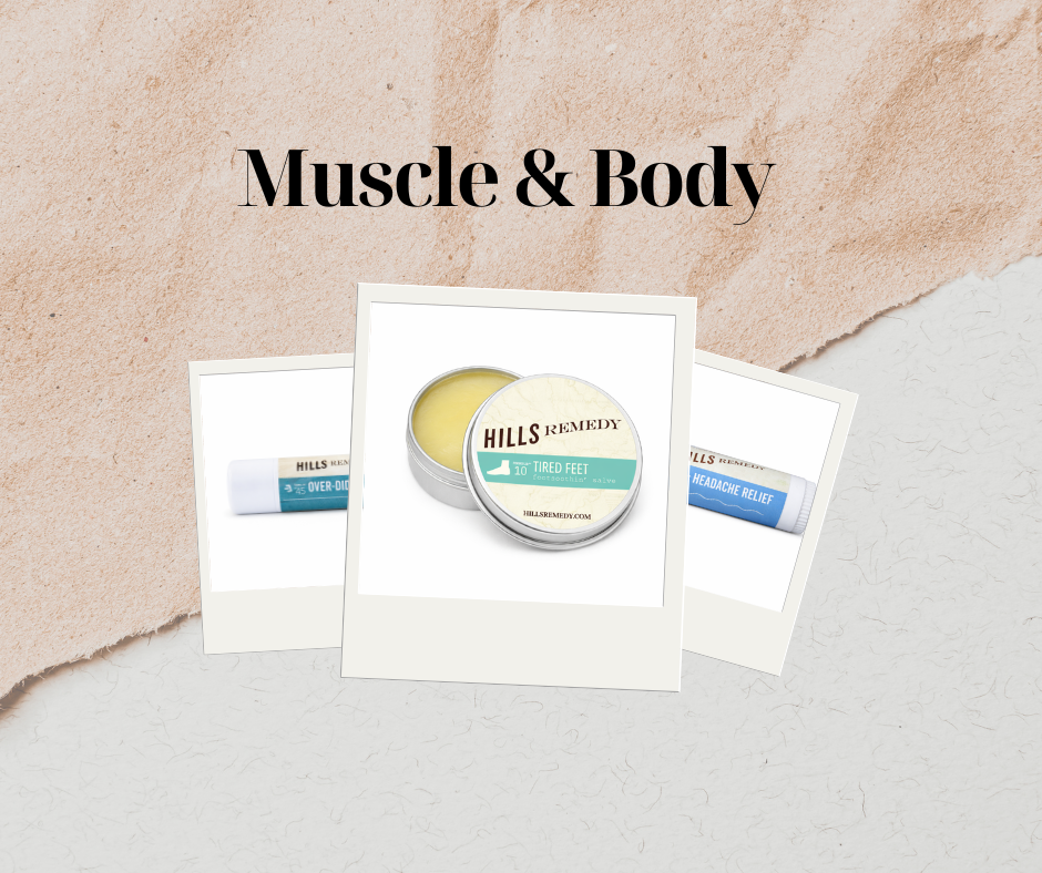 Muscle & Body Hills Remedy herbal salves including Tired Feet, Headache Relief, and Over-did-it-cool displayed on a rustic background.