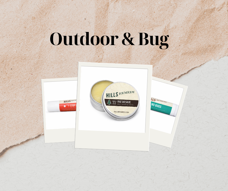 Best selling Hills Remedy herbal salves including Pine Tar, No Bugs, and Stop Itch displayed on a rustic background.