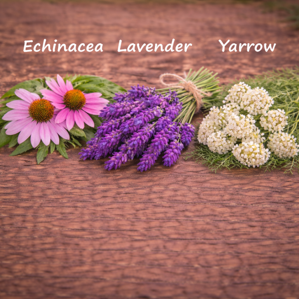 Three types of flowers on a wooden surface with labels: Echinacea, Lavender, and Yarrow.