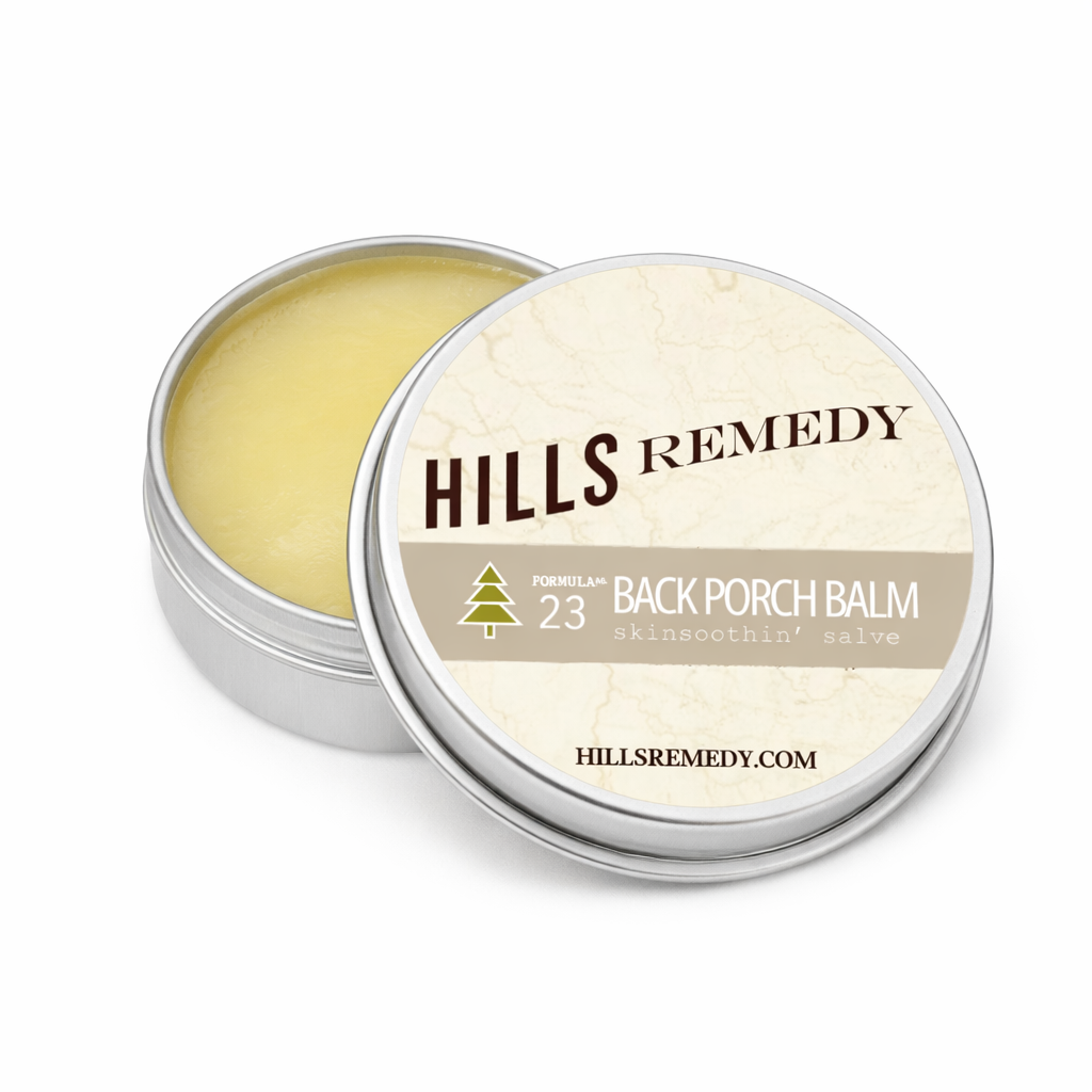 Hills Remedy Back Porch Balm in a metal tin on a white background