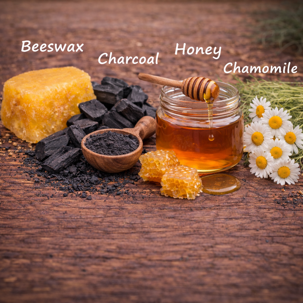 Ingredients including beeswax, charcoal, honey, and chamomile on a wooden surface.