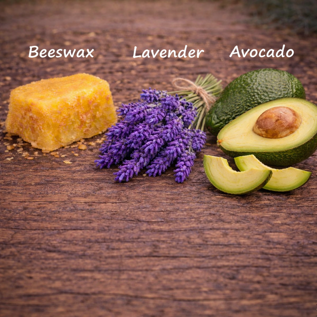 Beeswax, lavender, and avocado on a wooden surface with labels.