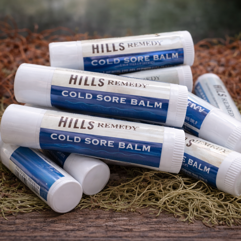 Multiple tubes of Hills Remedy Cold Sore Balm on a natural background