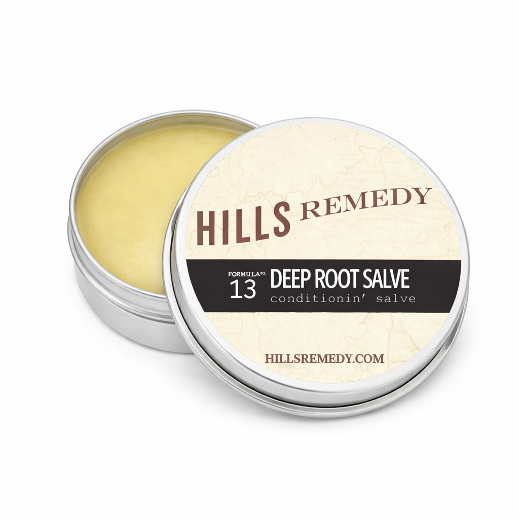 Hills Remedy Deep Root Salve in a metal tin on a white background