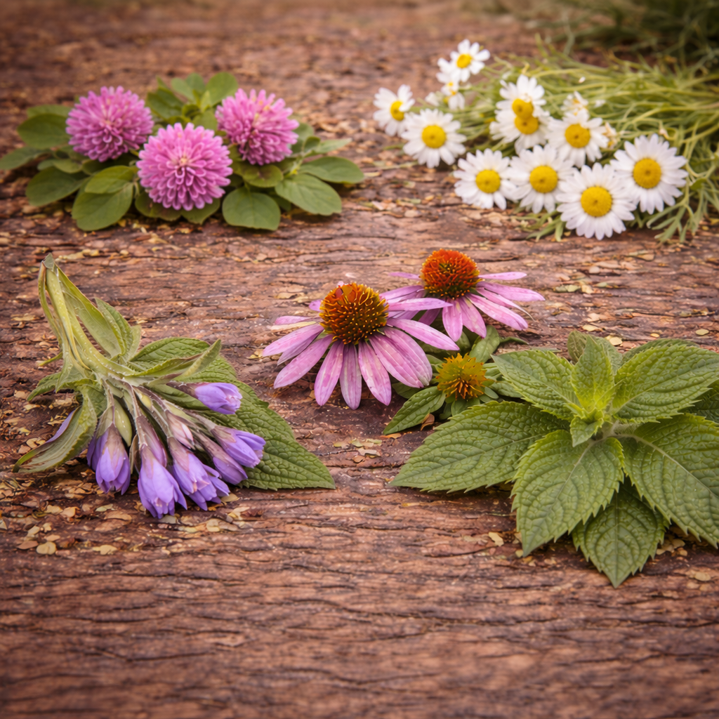 Various flowers and leaves on a wooden surface