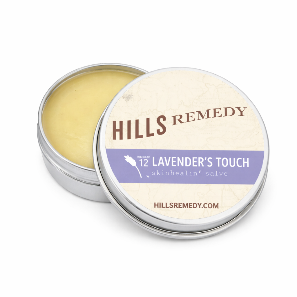 Hills Remedy 12 Lavender's Touch salve in a metal tin on a white background