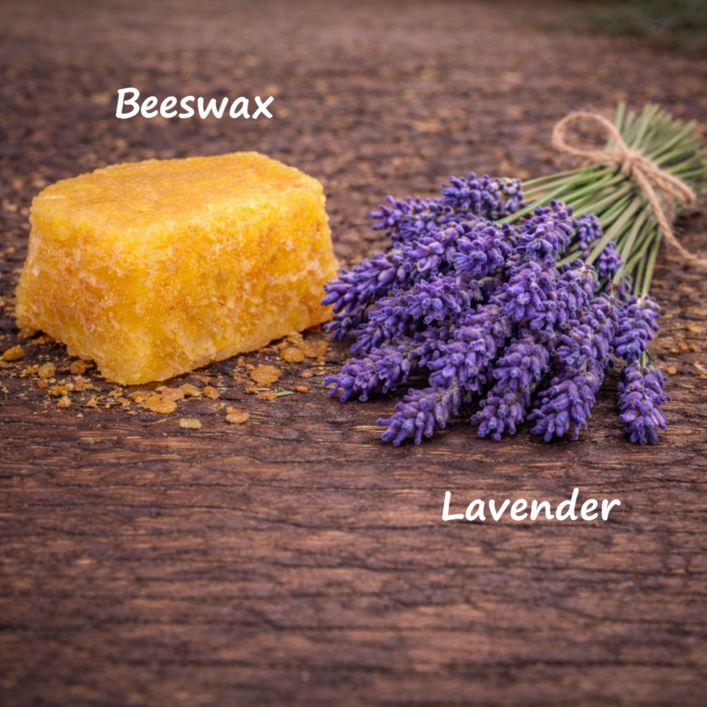 Beeswax block and lavender flowers on a wooden surface with labels for each.