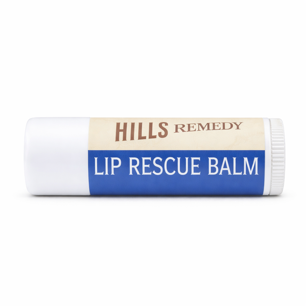 Lip rescue balm with 'Hills Remedy' branding on a white background