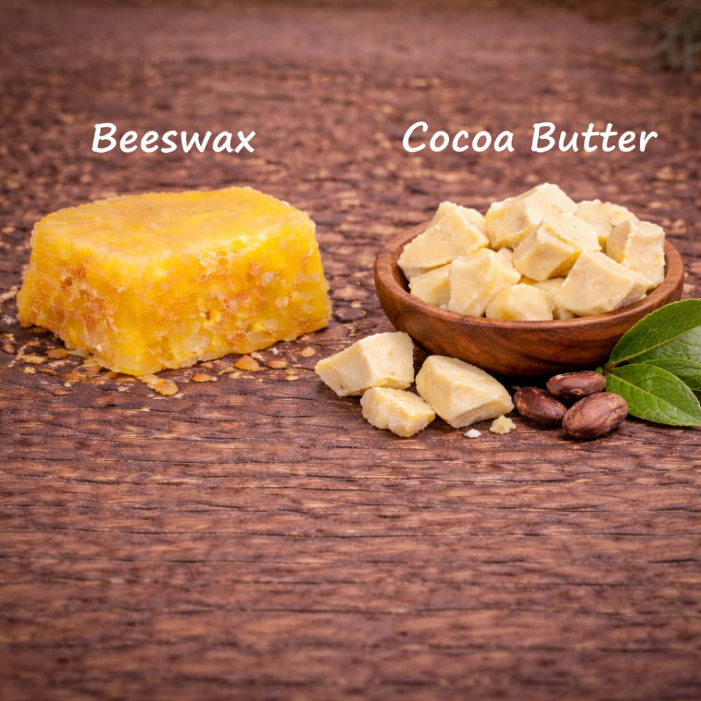 Beeswax and cocoa butter on a wooden surface with labels.