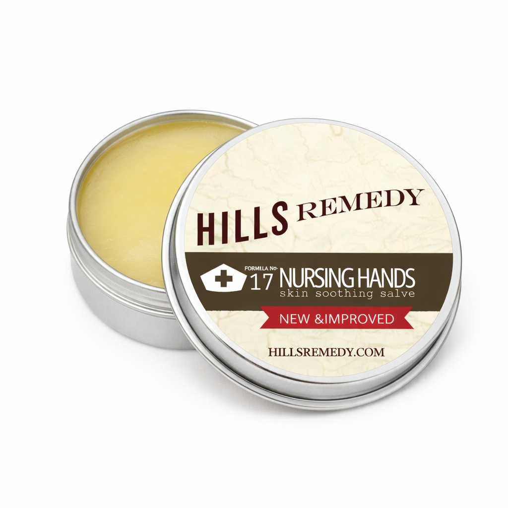 Hills Remedy nursing hands salve in a metal tin with a white background