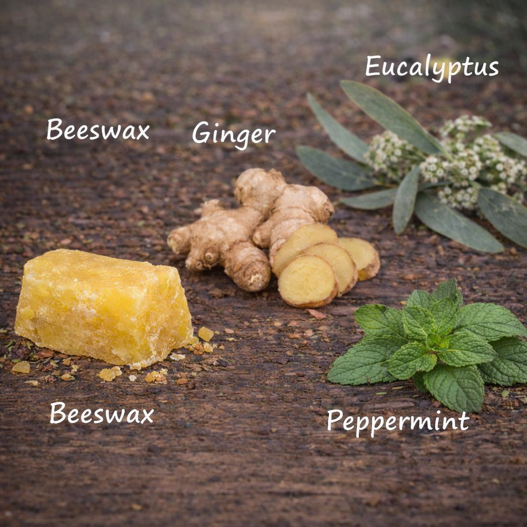 Beeswax, ginger, eucalyptus, and peppermint on a wooden surface with labels.