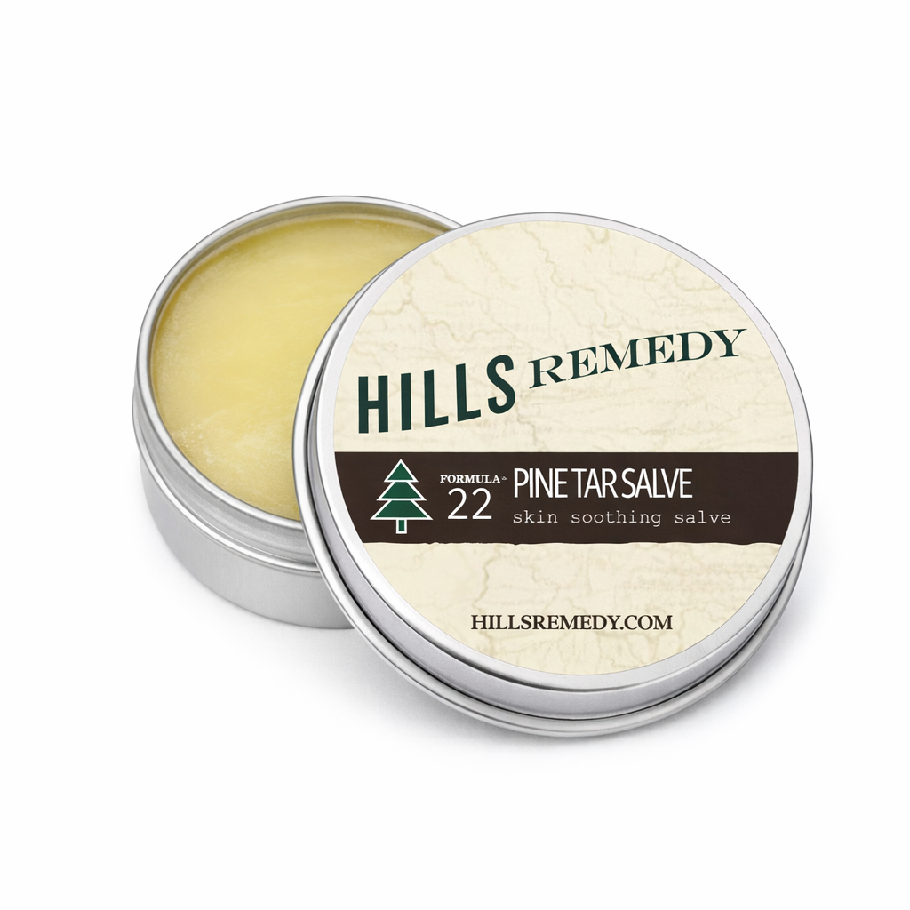 Hills Remedy Pine Tar Salve in a metal tin on a white background