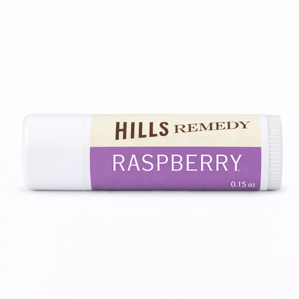 Hills Remedy raspberry lip balm on a white background