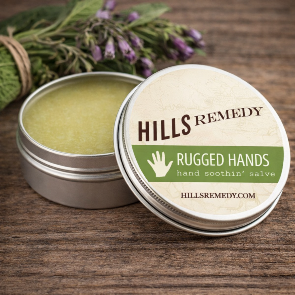 Hills Remedy hand salve container on a wooden surface with lavender in the background