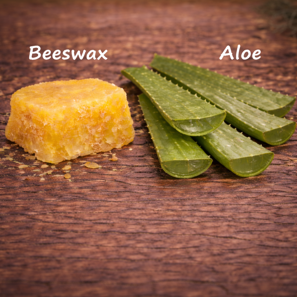 Beeswax and aloe vera on a wooden surface with labels indicating their names.