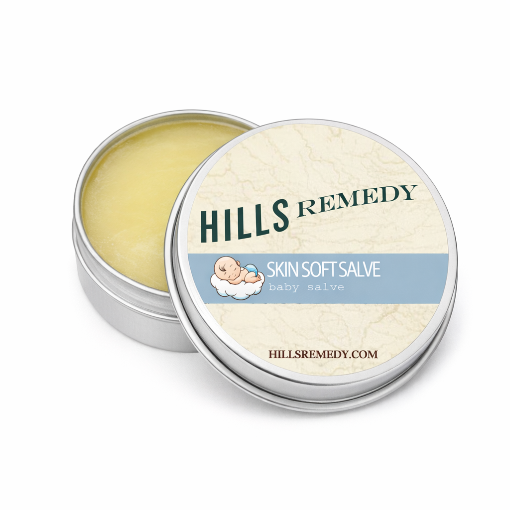 Hills Remedy Skin Soft Salve with open lid on a white background