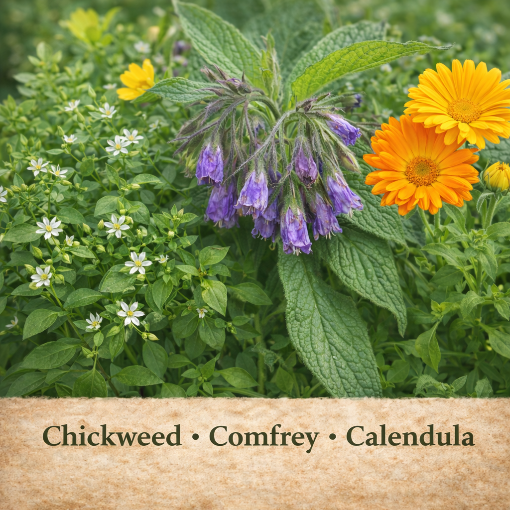 Herbs including chickweed, comfrey, and calendula with a wooden text overlay.