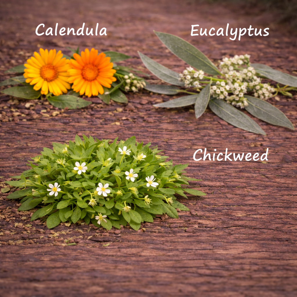 Three types of plants labeled 'Calendula', 'Eucalyptus', and 'Chickweed' on a wooden surface.
