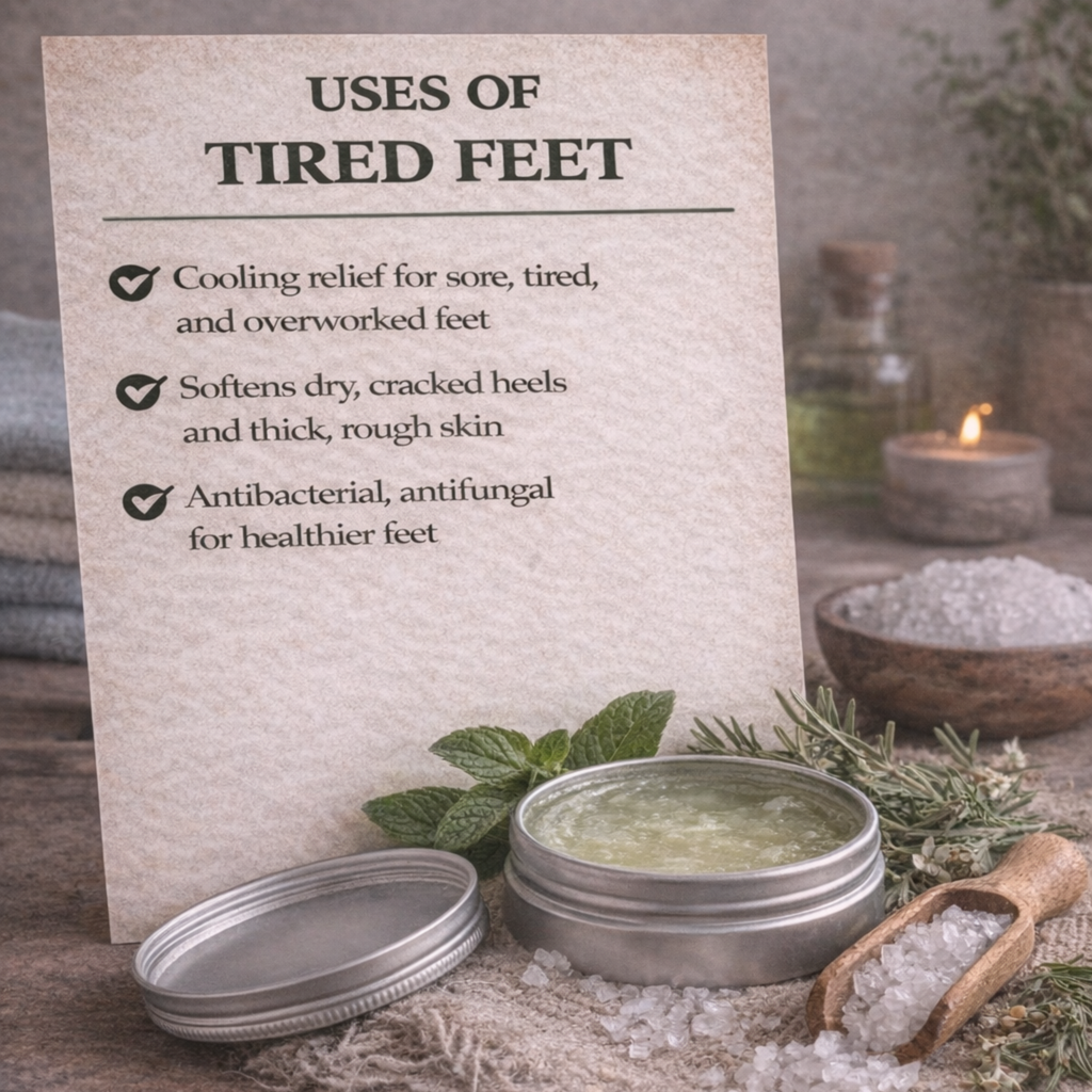 Foot care product with a sign listing uses on a wooden surface.