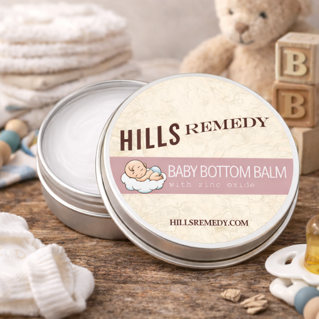Hills Remedy Baby Bottom Balm tin on a wooden surface with toys in the background