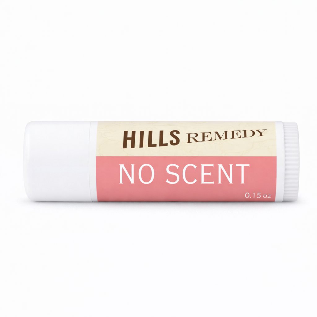 Balm stick with 'Hills Remedy No Scent' label on a white background