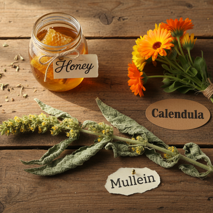 Jar of honey with a label, calendula flowers, mullein leaves, and a tag on a wooden surface.