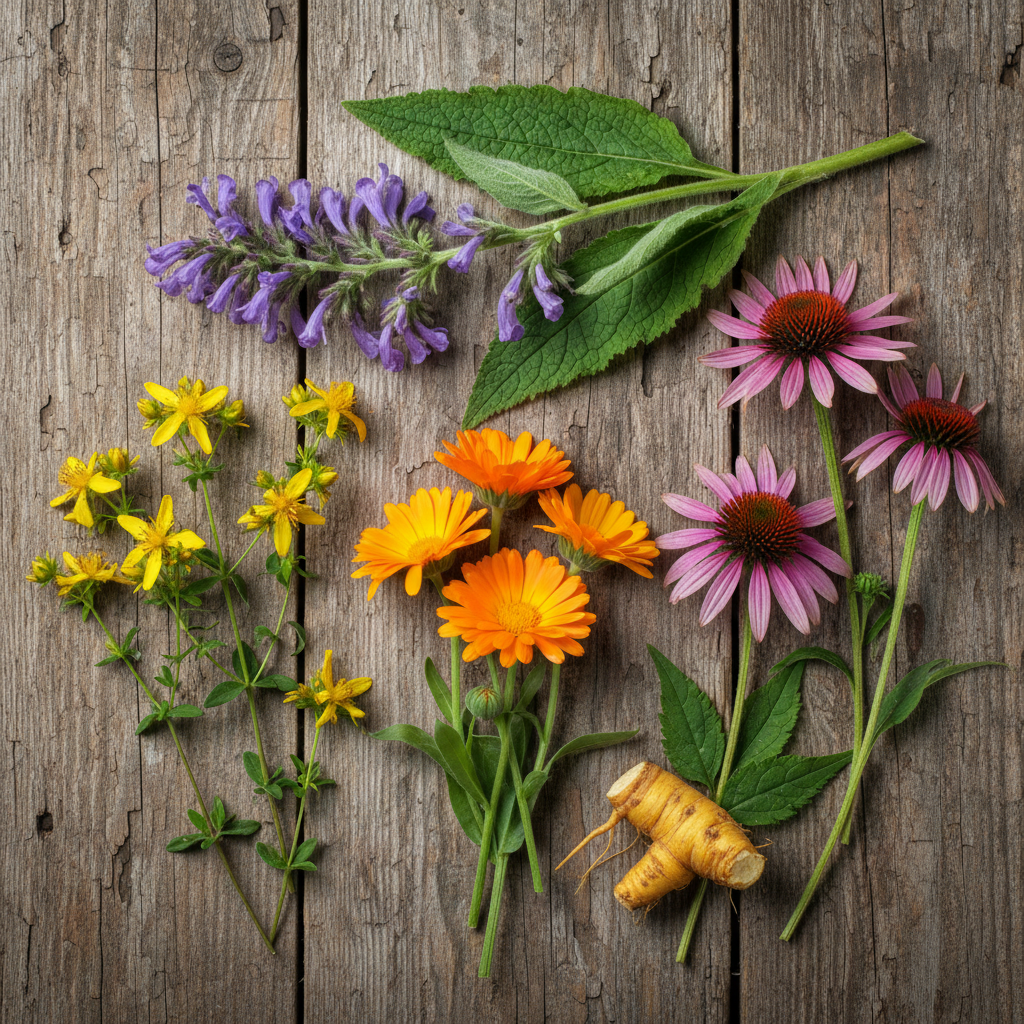 Assorted flowers and a root on a wooden surface